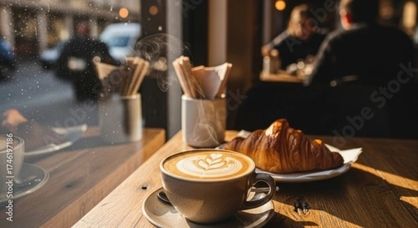 Obraz Steaming latte art and a golden croissant sit on a wooden table in a cozy cafe bathed in warm sunlight creating an inviting atmosphere for a relaxing morning coffee break