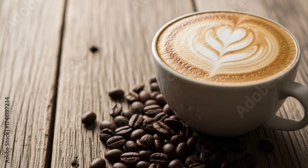 Obraz Latte art in a white cup with coffee beans scattered on a rustic wooden table creates a warm and inviting atmosphere perfect for coffee shops and breakfast menus and cafes