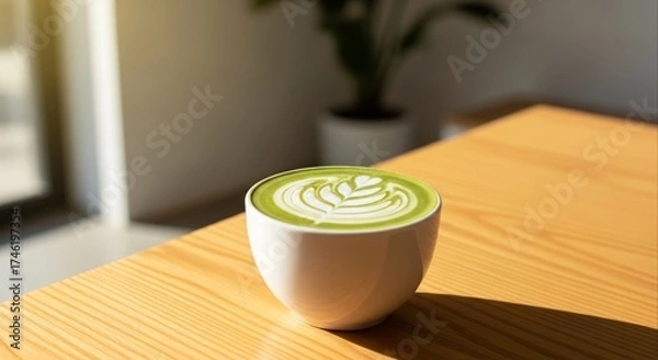 Obraz Vibrant matcha latte art in a white ceramic cup sits on a light wooden table with a blurred plant in the background creating a calming and aesthetic coffee shop vibe
