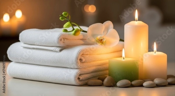 Obraz Serene spa scene featuring stacked white towels a delicate orchid glowing candles and smooth stones creates a calming atmosphere perfect for wellness and relaxation concepts