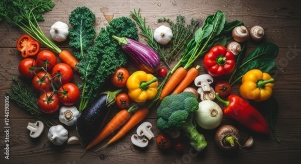 Obraz Fresh vegetables including tomatoes carrots peppers eggplant garlic kale broccoli and mushrooms are displayed on a rustic wooden surface for a healthy eating concept