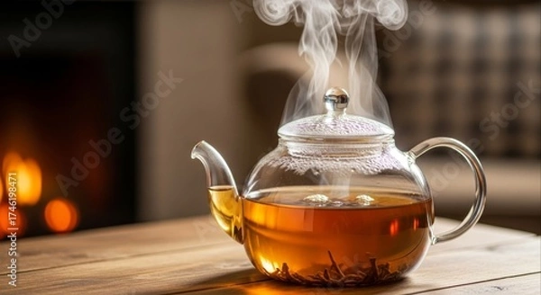 Obraz Steaming teapot filled with herbal tea sits on a wooden table near a cozy fireplace creating a warm and inviting atmosphere perfect for relaxation and enjoying a cup of tea