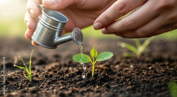 Obraz Hands gently watering a young seedling with a miniature watering can in rich soil symbolizing growth nurturing and the beginning of new life in a garden setting outdoors