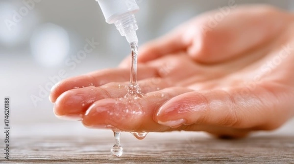 Obraz Close-Up of Serum Dropping from Glass Bottle onto Hand with Soft Glow