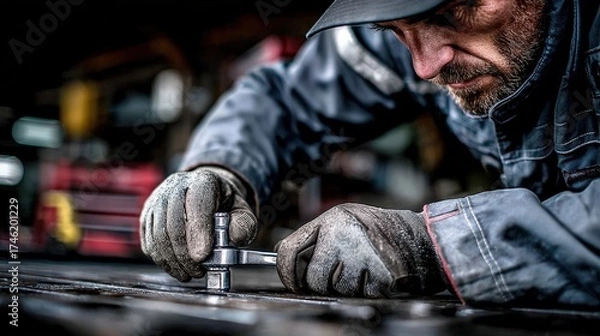 Obraz Close-Up of Skilled Mechanic Working with Precision Tools in Industrial Workshop