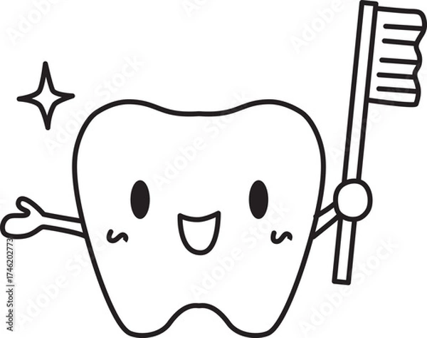 Fototapeta Cute line drawing of a tooth with a toothbrush. Vector Illustration.