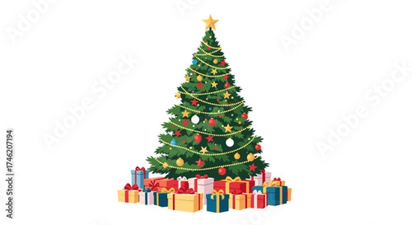 Fototapeta A beautifully decorated Christmas tree surrounded by many wrapped gifts under a clear sky.