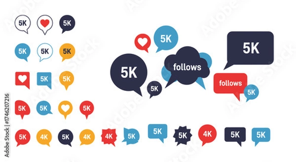 Fototapeta Social media engagement icons and notifications with follower counts and likes.