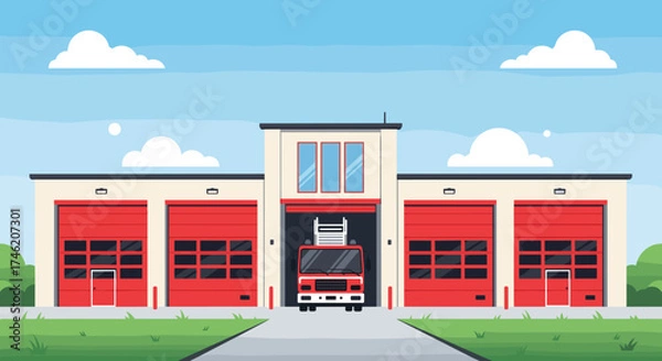 Fototapeta A fire station with several large red garage doors and a fire engine parked in the center.