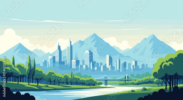 Fototapeta A panoramic view of a modern city skyline nestled beside majestic mountains and a tranquil river.