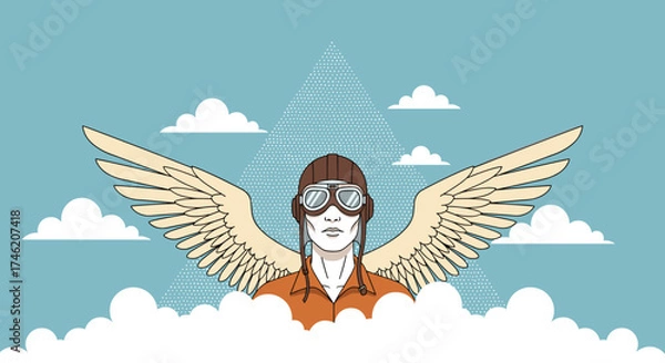 Fototapeta An aviator with feathered wings soars majestically above the clouds.