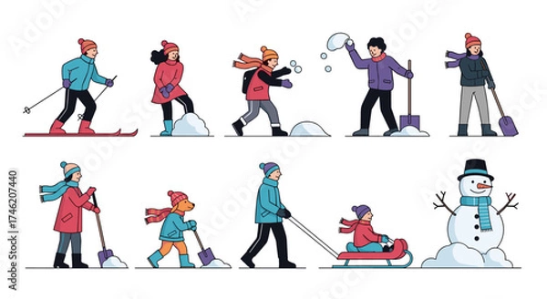 Fototapeta Winter activities with children playing in the snow and building a snowman.
