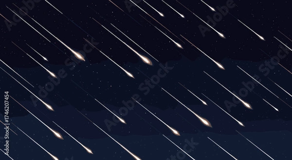 Fototapeta A stunning celestial event unfolds as numerous glowing meteors streak across the dark night sky filled with tiny stars.