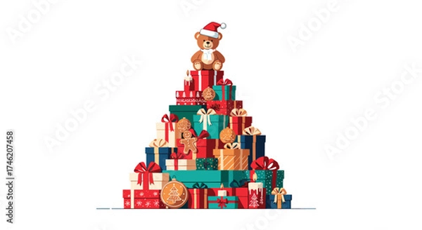 Fototapeta A Christmas tree made of colorful gift boxes topped with a teddy bear wearing a Santa hat.