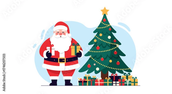 Fototapeta A jolly santa claus holding presents next to a decorated christmas tree with gifts underneath.