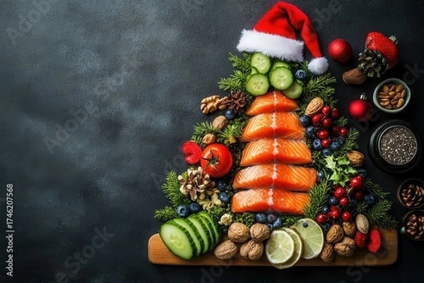 Obraz 
Healthy Christmas Tree Food Arrangement with Salmon and Vegetables. A creative flat lay of healthy christmas dinner ingredients and superfoods arranged in a tree shape. Includes salmon, vegetables, f