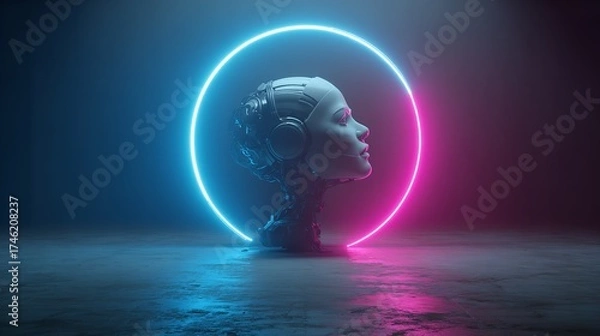 Fototapeta Futuristic AI Robot Head Surrounded by Neon Lights Against a Dark, Moody Background Image.