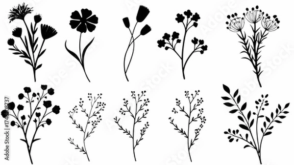 Fototapeta Botanical Beauty: Delicate wildflower silhouettes create an elegant, minimalist design perfect for invitations, branding, and nature-inspired projects