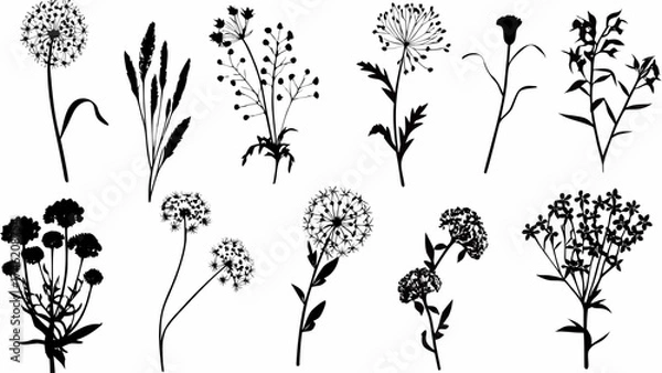 Fototapeta Botanical silhouette collection featuring wildflowers and grasses, perfect for rustic invitations or minimalist design projects, delicate and modern floral elements