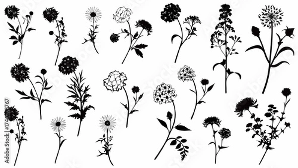 Fototapeta Elegant botanical silhouettes collection perfect for sophisticated invitations and timeless designs, featuring delicate wildflowers and classic floral elements