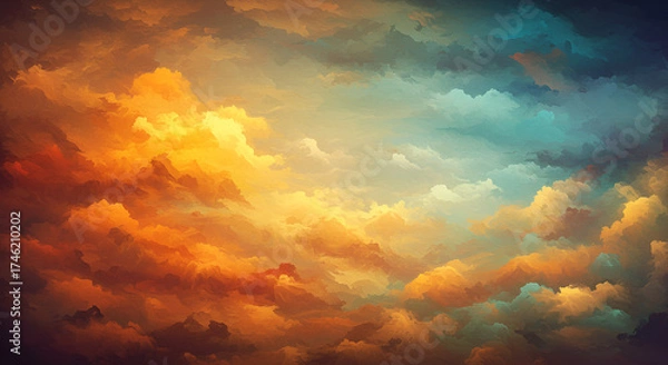 Fototapeta Colorful Cloudscape with Warm Orange and Cool Blue Tones in Artistic Style