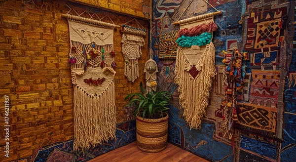 Fototapeta Bohemian Style Wall Decor with Macrame Tapestries and Colorful Textiles in Cozy Interior