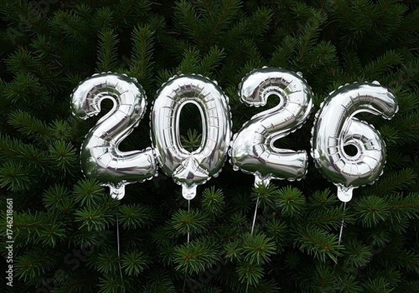 Fototapeta Shiny silver foil balloons forming the number 2026, resting on a background of dark green pine needles