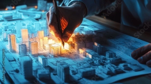 Fototapeta Architect' Hand Drawing a Luminous Future City Blueprint with Glowing Buildings