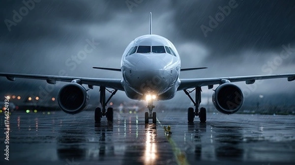 Fototapeta Soaring into the Storm: A sleek commercial aircraft prepares for takeoff amidst a dramatic, rain-swept tarmac under a moody, overcast sky, evoking a sense of anticipation and the power of aviation.