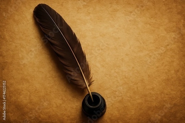 Fototapeta Antique quill pen resting on aged parchment paper with ink pot timeless writing tool