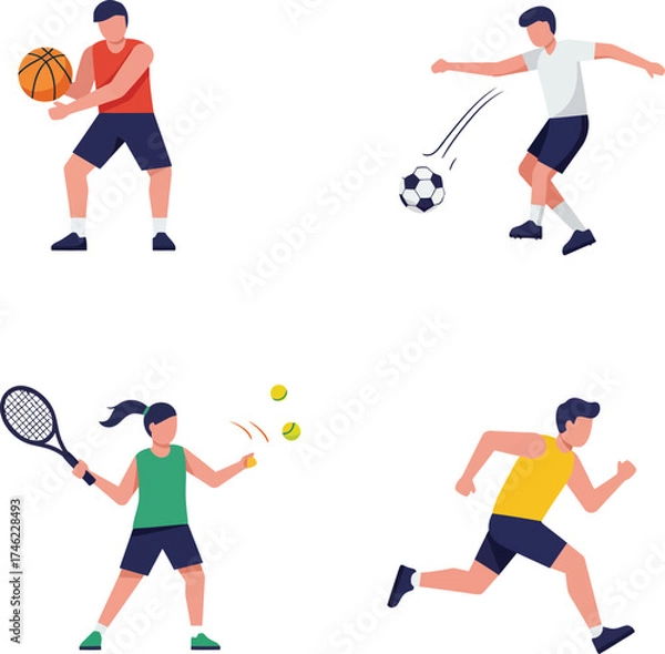 Fototapeta Dynamic sports people illustrations set action figures athletes playing football tennis basketball running isolated on transparent background