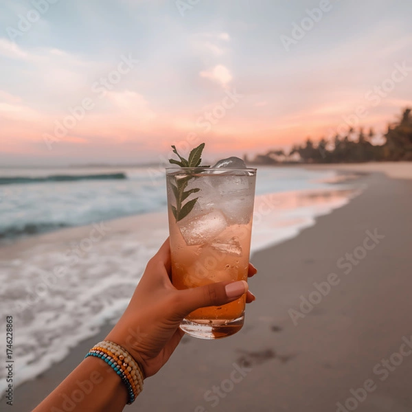Obraz Cocktail on the beach with a tropical drink in hand under the sun