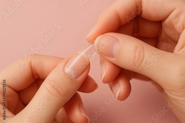 Fototapeta Close up hands applying clear nail tip for long nail extension preparation