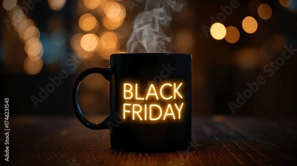 Fototapeta Cozy Black Friday mug with glowing text and steam against a blurred background