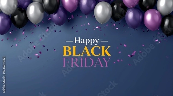 Fototapeta Happy Black Friday greeting with balloons and confetti in festive colors