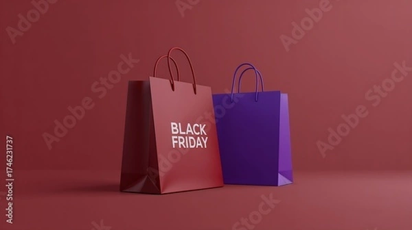 Fototapeta Minimalist Black Friday shopping bags with a simple design on a red background