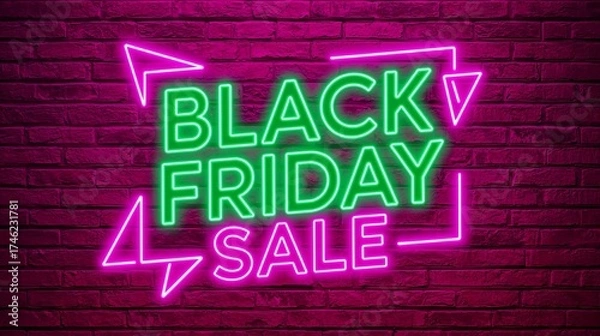 Fototapeta Neon Black Friday sale sign with vibrant colors and a brick wall background