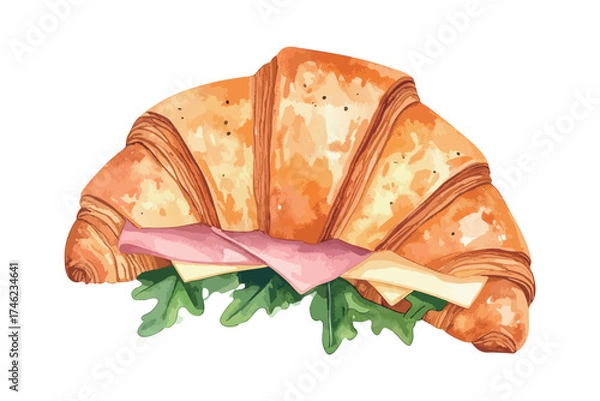 Obraz クロワッサンサンドイッチの水彩風イラスト　生成AI