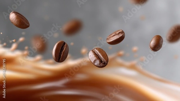 Fototapeta Espresso Beans Dropping into Swirling Liquid with Motion Blur Effect