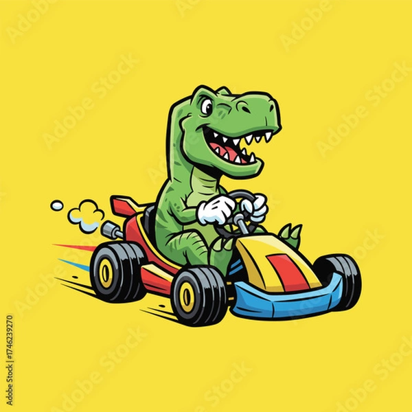 Fototapeta Smiling T-Rex Dinosaur Racing in a Bright Yellow Go-Kart