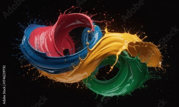 Fototapeta Abstract paint splashes in swirling, linked rings of red, blue, yellow, and green on black background