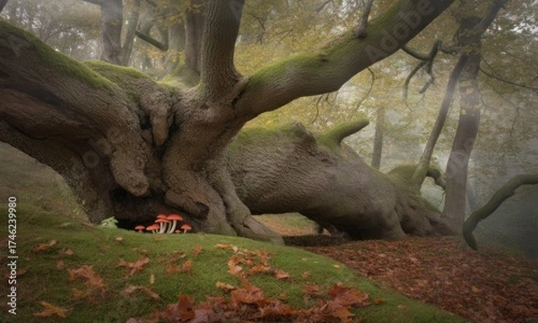 Fototapeta Ancient forest, gnarled tree trunk, tiny mushrooms