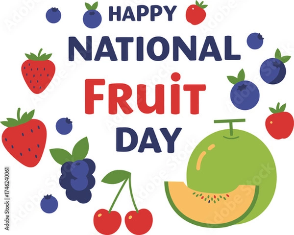 Fototapeta Celebrate national fruit day with fresh berries melon and cherries greeting design isolated on transparent background
