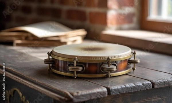 Fototapeta Antique tambourine rests on weathered wooden surface, in front of brick wall and open books