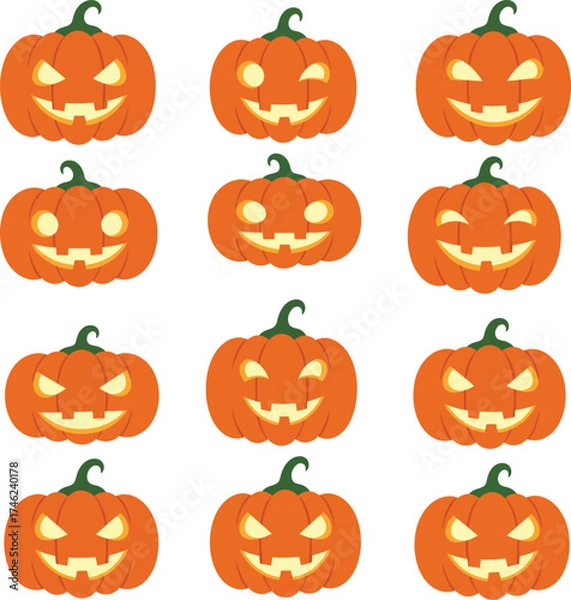 Fototapeta Collection of spooky jack-o'-lanterns for halloween celebrations and decorations isolated on transparent background