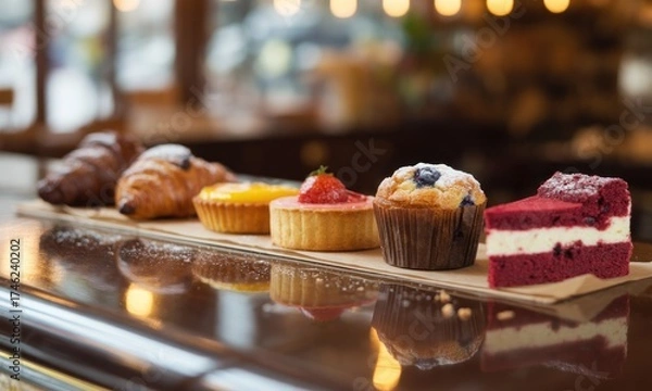 Fototapeta Assorted pastries arranged on a wooden board.  A selection of croissants, tarts, and cupcakes, including red velvet, sits on a light brown tray.  Blurred background shows cafe setting