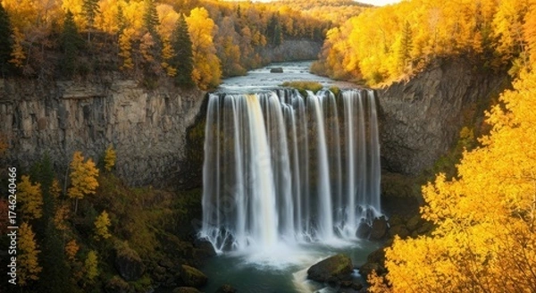 Fototapeta Autumn waterfall cascading down rocky cliffs, framed by vibrant yellow foliage