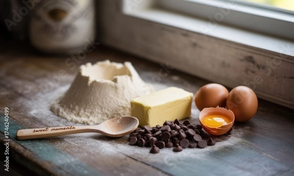 Fototapeta Baking ingredients arranged on a rustic wooden surface, featuring flour, butter, eggs, and chocolate chips.  A wooden spoon rests beside the ingredients