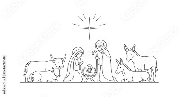 Fototapeta Minimalist line art illustration of the Nativity scene with Jesus, Mary, Joseph, and animals, white background