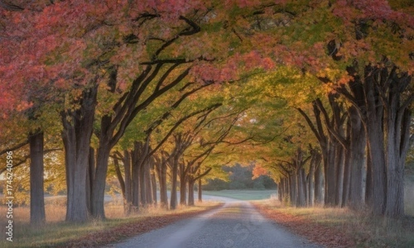 Fototapeta Autumnal pathway through a vibrant canopy of trees